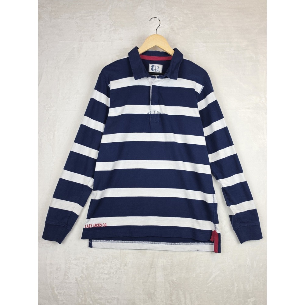 Lazy Jacks Rugby Shirt Mens Medium Navy Striped Long Sleeve Cotton
